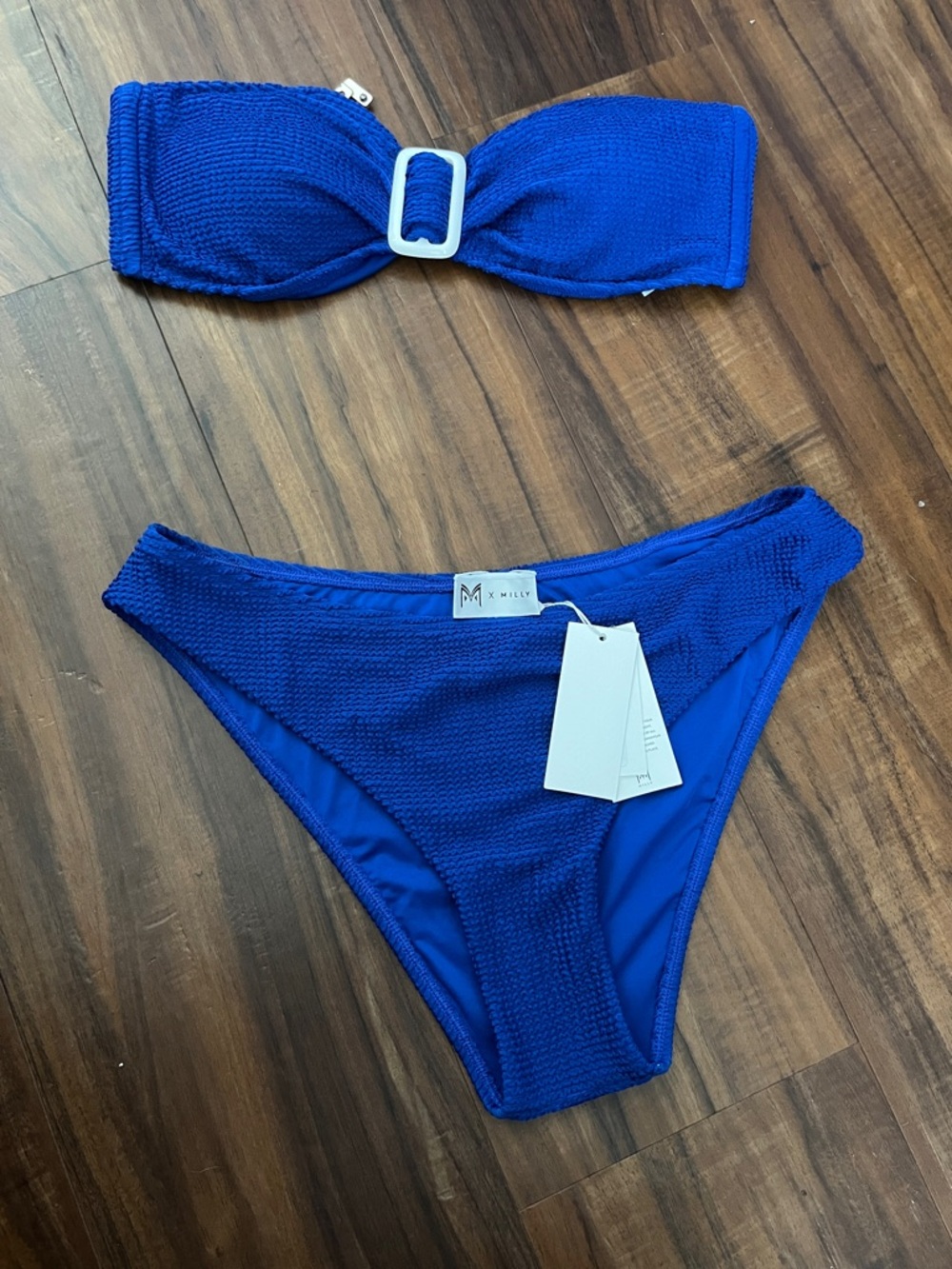 New Milly Cobalt Textured Bandeau Bikini with Buckle size L